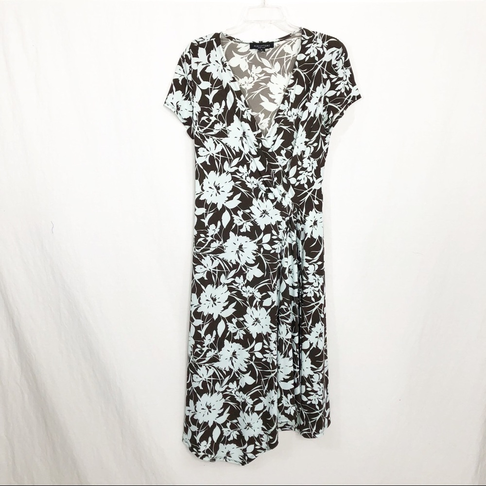 Perceptions Short Sleeve Asymmetrical Floral Midi Dress, Size 10